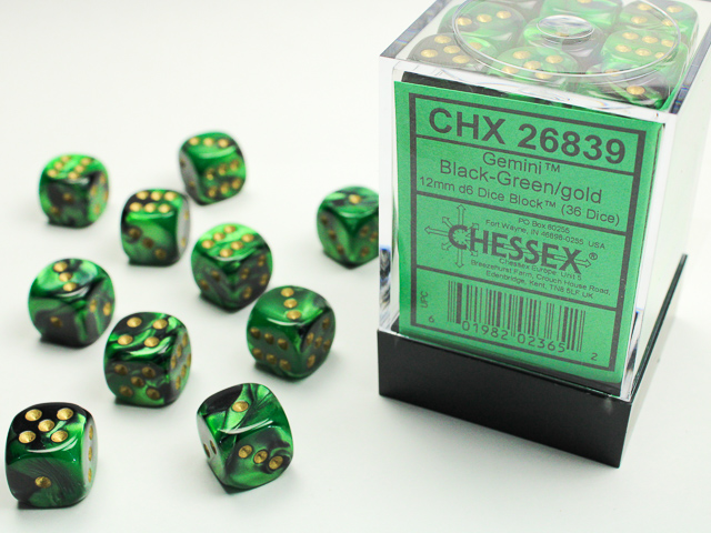 Gemini 12mm d6 Black-Green/gold Dice Block (36 dice)