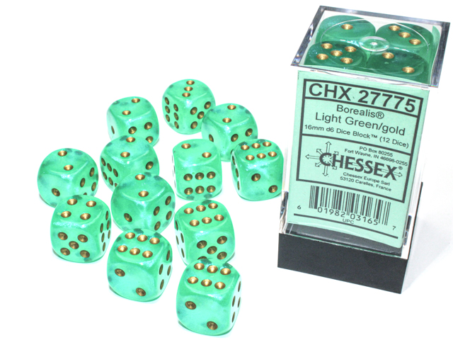 16mm Dice Set Borealis-Light Green/gold